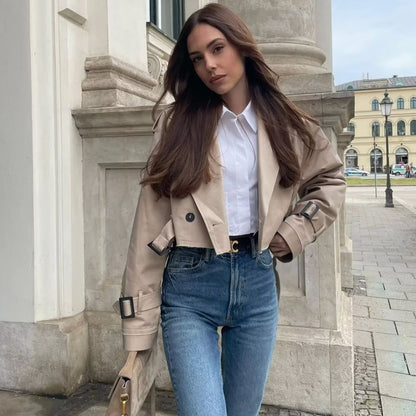 Women's Buttoned Short Cut Cropped Trench Coat